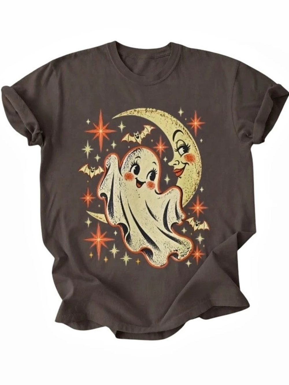 Cute Ghost Crescent Moon Spooky Bats Brown Gildan T-Shirt Halloween